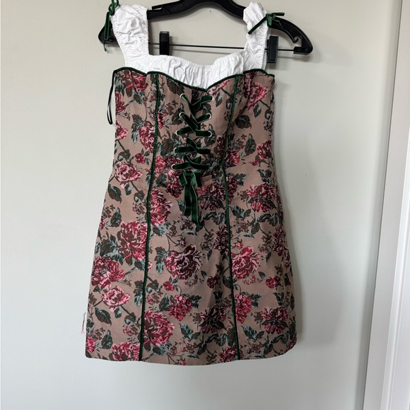 MAJORELLE Off-Shoulder Floral Lace-Up Mini Dress in Beige, Pink and Green - Picture 3 of 5